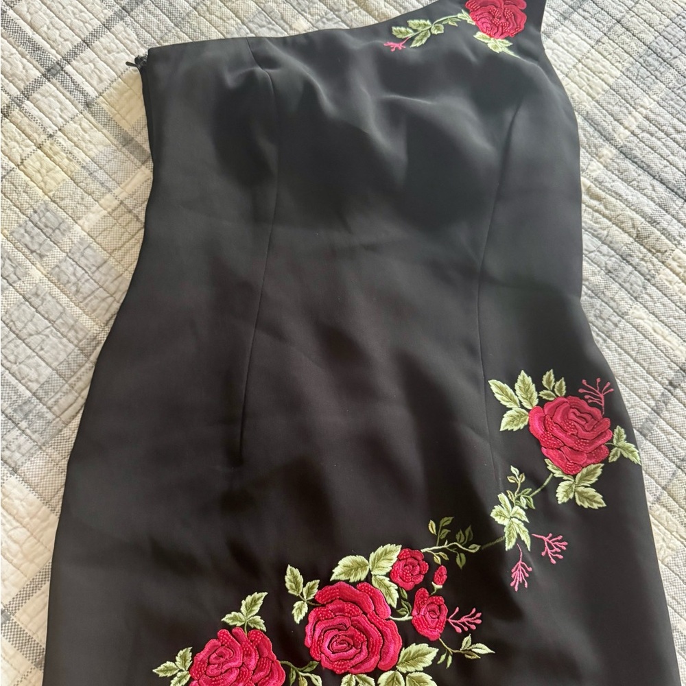 Maggy London Black Dress with Red Floral Embroidery